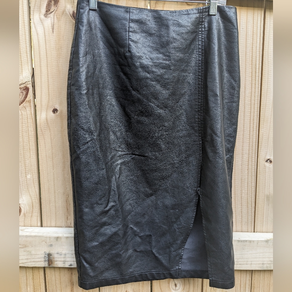 Lucy Paris High Waisted Midi Leather Skirt With Slit